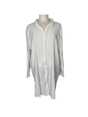 Sun Covers White Eyelet Button Down Tunic Shirt Coverup Dress Large Cotton Gauze